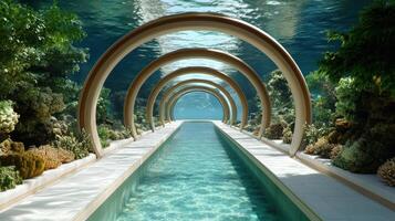A long tunnel under water with a large archway photo