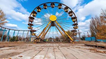 An abandoned amusement park with a ferris wheel photo