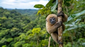 A monkey is hanging on a tree branch in the jungle photo