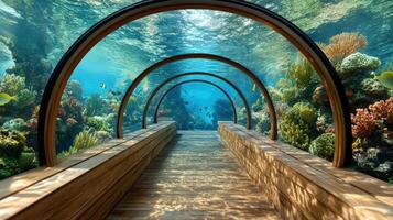An underwater tunnel with a wooden walkway and coral reef photo