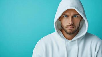A man in a white hoodie with blue eyes photo