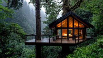 A tree house in the middle of a forest photo