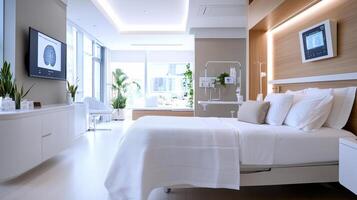 A hospital room with a bed, a television, and a desk photo