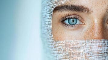 A woman with blue eyes wearing a bandage photo