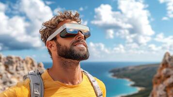 A man wearing virtual reality glasses on top of a mountain photo