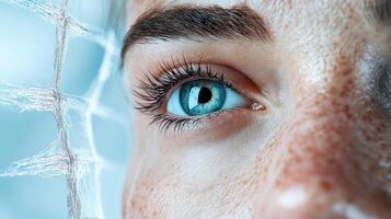 A close up of a woman's eye with blue eyes photo