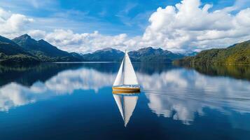 A sailboat floating on a calm lake with mountains in the background photo