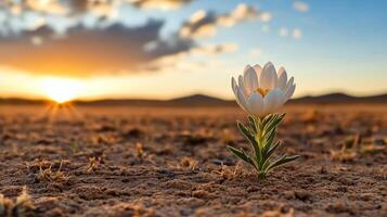 A single white flower in the middle of a desert photo