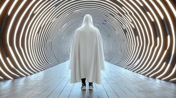 A person in a white cloak standing in a tunnel photo