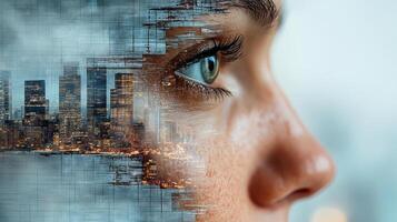 A woman's face is shown with a cityscape in the background photo
