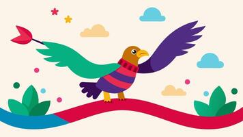 Finish Line Scene This illustration captures the moment as the eagle and turtle approach a whimsical finish line made of colorful ribbons. The eagle is gliding just above the. vector