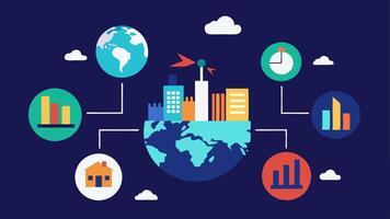 Global Impact Visualization A world map depicting various buildings with smart glass globally using icons to illustrate their collective impact on energy savings and carbon. vector