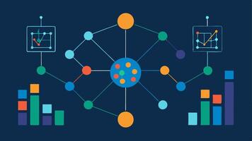 Neural Network Visualization A neural network diagram connecting multiple nodes with market trend graphs in the background showcasing how AI processes trading data.. vector
