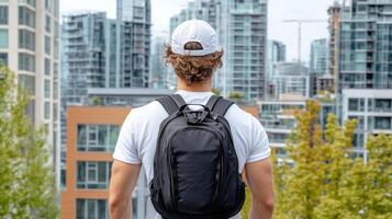 A man with a backpack standing in front of a city photo