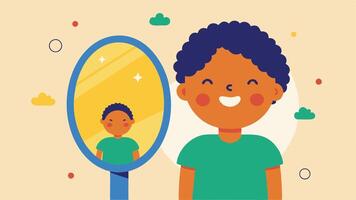 Affirmation Mirror A cheerful adult looking into a mirror with positive affirmations written on it reflecting selflove and acceptance while a small child smiles in the background.. vector