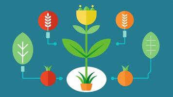 Impact on Biodiversity A visual of several different species of plants surrounding a single uniform genetically modified crop indicating the potential loss of biodiversity.. vector