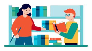Library Access A library scene where a librarian assists a visually impaired person with tactile books demonstrating the importance of adaptive reading materials and resources.. vector