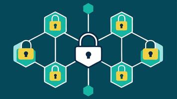 Data Encryption A showing a padlock superimposed over a series of interconnected hexagons each representing blocks of patient data emphasizing encryption and security in. vector