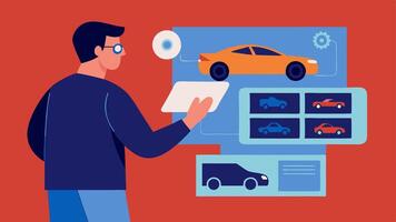 Augmented Parts Catalog A designer browsing a virtual parts catalog overlaid on a car model selecting components to visualize on the prototype.. vector