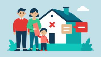 Home Sweet Home A family of four outside a modest house looking at a For Sale sign with a shocked expression while holding a clipboard with budgeting notes that show red crosses. vector