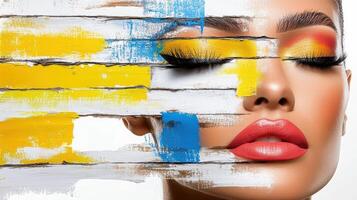 A woman with bright makeup and a painted wall photo