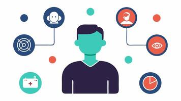 Interest Graph A graphic showing a users interests as various icons sports technology health connected to a central AI brain that generates tailored news articles.. vector
