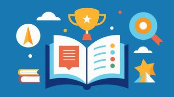 Book of Achievements An open book with pages showcasing various accomplishments and skills learned representing the journey of building competence.. vector