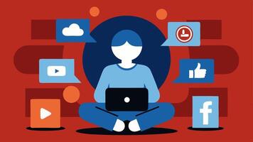 Isolation A solitary avatar sitting at a computer surrounded by walls made of social media logos signifying how individuals can become isolated and entrenched in radical beliefs. vector