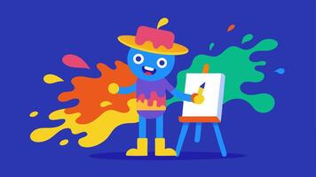 Creative Expression A character painting on a canvas with vibrant colors and splashes embodying the idea of embracing creativity without the need for the artwork to be perfect.. vector