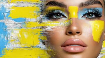 A woman with bright blue and yellow makeup photo