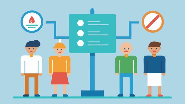 Limitations on Resources A government notice board displaying restrictions on utilities like water and electricity usage with citizens discussing the challenges of resource. vector