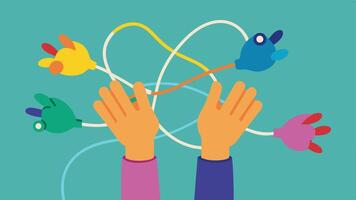 Hands and Earphones A closeup view of hands struggling to untangle a colorful bundle of earphones. The fingers are depicted in exaggerated positions pulling in different. vector