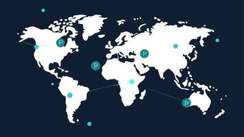 Global Connectivity A world map outline with dots nodes p on various continents connected by lines to show global participation in blockchain technology.. vector