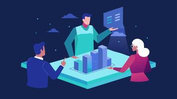 Client Presentation An architect presenting a building design to clients using a holographic projector with the design floating above a table capturing the clients attention.. vector