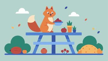 Picnic Spread The picnic table is covered with a variety of snacks. One squirrel is carefully placing a pile of acorns in the center while another has a tiny basket filled with. vector