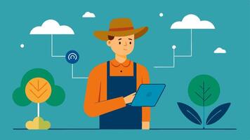 Crop Health Analysis A farmer using a tablet that connects to an AI system analyzing crop health data gathered from sensors p in various parts of the field.. vector