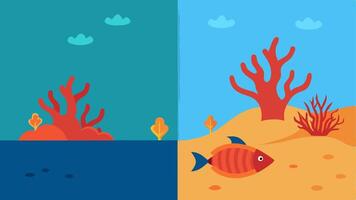 Hope for Restoration A beforeandafter scene where one side shows a damaged coral reef with dead coral while the other illustrates a restored reef with healthy coral and thriving. vector