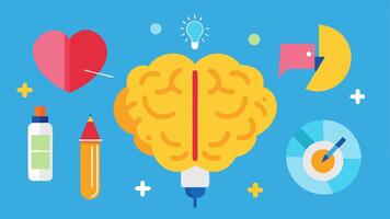 Brain with Therapy Tools A brain illustration surrounded by various therapy tools such as a notebook a pencil a heart and a light bulb symbolizing reflection emotion and ideas.. vector
