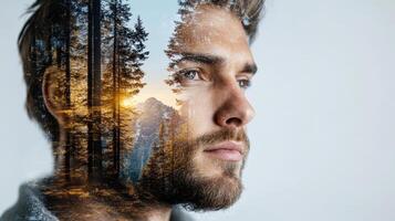 Double exposure of a man with a forest in his face photo