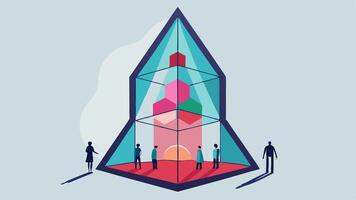 Glass Pyramid A towering pyramid made entirely of transparent glass panels rises into the sky. The sides are lined with hexagonal windows each offering a glimpse of the vibrant. vector