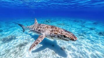A great white shark swimming in the ocean photo