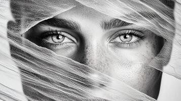 A woman with white eyes and a veil over her face photo