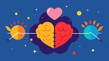 Symbolic Battlefield A colorful scene where the heart and brain stand on either side of a rope. The heart is adorned with vibrant colors and sparkles representing love and passion. vector