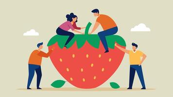 Stellar Strawberry Teamwork On a giant strawberry a team of four miniature humans work energetically with one gently shaking the strawberry to dislodge ripe seeds while the others. vector