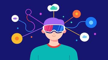 MindLinked Augmented Reality An individual is standing with augmented reality glasses. Brain waves are visually represented as colorful lines connecting to virtual objects that. vector