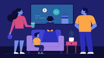 Media Playback A family gathered in a living room with a smart display in front of them as one member uses voice commands to select a movie visualized by onscreen playback choices.. vector
