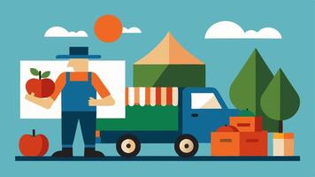Market Control A farmer at a market stall struggling to compete against a large truck full of corporatebranded produce dominating the scene.. vector