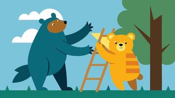 Teamwork in Action The bear balances on a ladder reaching up to attach a roof beam while the bee flies up with a tiny bucket of nails. Their teamwork is evident as they communicate. vector
