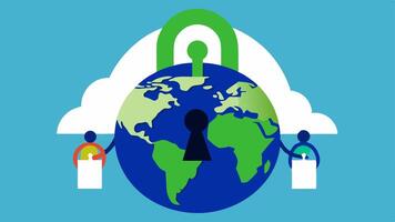 Locked Up Ideas A giant padlock hanging on a globe made of green and blue elements with activists outside trying to access it showcasing the suppression of innovative climate. vector