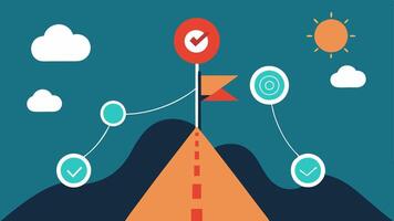 Dopamine and Goal Setting A pathway leading toward a distant goal with milestones and dopamine icons along the way symbolizing the motivation driven by setting and achieving goals.. vector